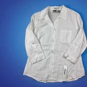 Edward Irish Linen Shirt Womens Large White Floral Embroidered - Boho Tunic Top - Picture 1 of 10