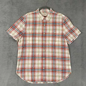 Lucky Brand Button Up Linen Shirt Mens Size L Orange Plaid Short Sleeve Casual - Picture 1 of 11