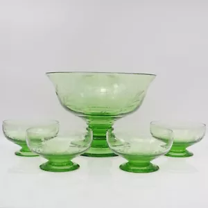 Stuart Glass Dessert Trifle set Stratford Pattern Green 1920s Etched Vintage - Picture 1 of 12