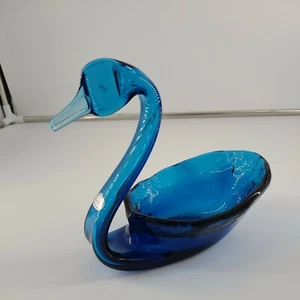Adesivo originale vetro artistico soffiato a mano cigno blu colbalto arcobaleno altezza 6,5" - Foto 1 di 5