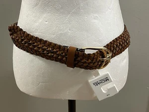 MICHAEL KORS BROWN WEAVED BRAIDED GENUINE LEATHER BELT GOLD BUCKLE Size S/M - Picture 1 of 5