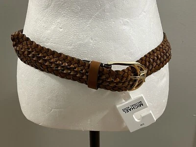 MICHAEL KORS BROWN WEAVED BRAIDED GENUINE LEATHER BELT GOLD BUCKLE Size S/M - Image 1 of 4