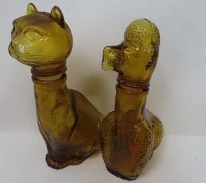 Lot 2 Empoli Style Art Glass 7" Amber Poodle Puppy Dog Cat Decanter & Stopper - Picture 1 of 5