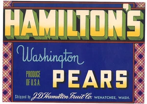 Original seltenes HAMILTON'S Birnenkiste Etikett J.D. Hamilton Fruit Co. Wenatchee WA - Bild 1 von 1