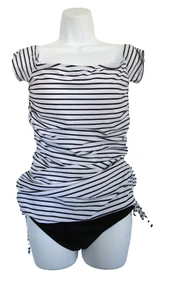Tankini Costume da Bagno Beachwear 2pz Costumi da Bagno Nero/Bianco Scrunch Lades Taglia Lg NUOVO - Foto 1 di 11