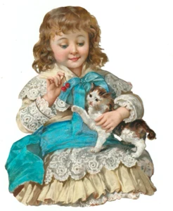 Große Oblaten Scraps die cut Mädchen mit Katze Kitten wunderschön geprägt 17cm - Bild 1 von 2