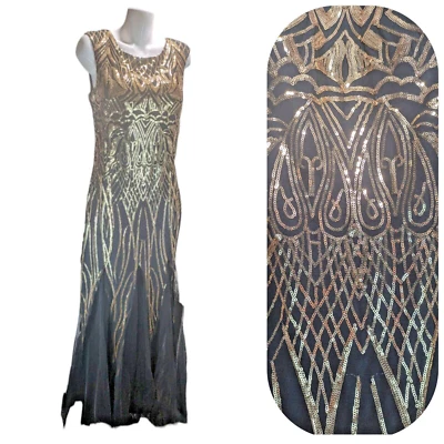 Vestido largo Angel Fashions estilo años 40 20 dorado negro lentejuelas sin mangas para mujer XL Foto 1 de 4