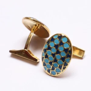 925 Sterling Silver Blue Enamel Oval Shape Gold Plated Vintage Style Cufflink - Picture 1 of 4