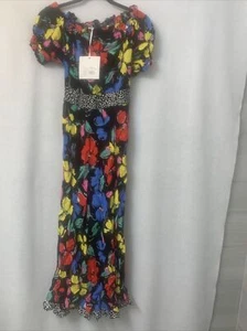 RIXO Damen schulterfreies schwarzes Kleid mit Puffärmeln bunt geblümt - Größe 2 - Bild 1 von 4