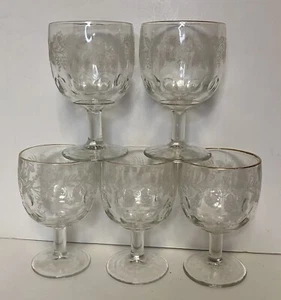 Bartlett Collins Grape Leaf Thumbprint Glass Goblet Gold Rim Vintage set of 5 - Imagen 1 de 3