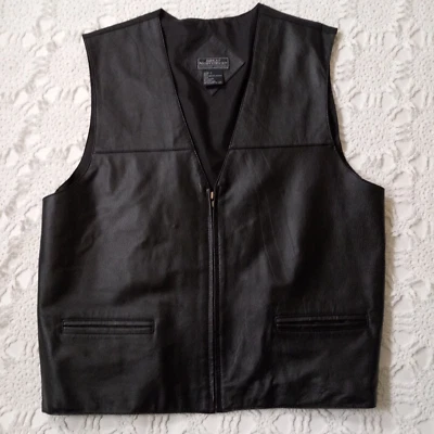 Great Northwest Black Leather Vest Zip Up V Neck Pockets Buckle Waist Large Men - Image 1 of 4