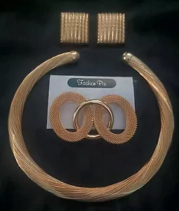 NWOT Vintage Goldtone Heavy Choker Necklace w/ Brooch & Clip On Earrings Set - Picture 1 of 8