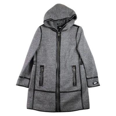 Casaco longo feminino DKNY M cinza com capuz mistura de lã zíper frontal acabamento em couro sintético $400 - Imagem 1 de 4