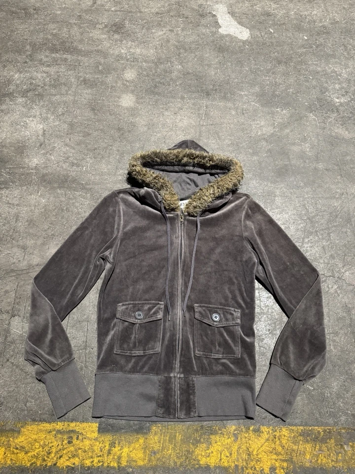 Y2K Self Esteem Faux Fur Hoodie Plaid Women’s M Velour Bella Swan Full Zip Juicy - Image 1 of 4