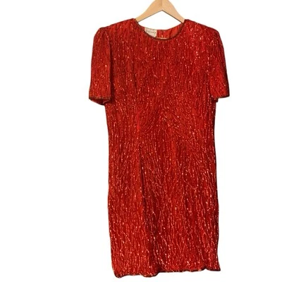 VTG Stenay 100% Silk Sequin Cocktail Party Dress 12 Red Wiggle Short Sleeve READ - Image 1 of 4