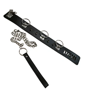 Black Bondage Collar with Chain Lead & 3 Metal D-Rings - Picture 1 of 3