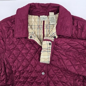 LL Bean Women’s Quilted Riding Jacket Pink Plaid Lined Snap Buttons Sz Large - Picture 1 of 11