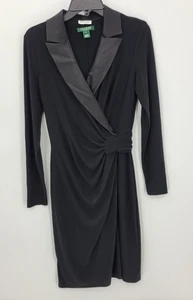 Lauren Ralph Lauren Kleid Damen 6 schwarz Strick Mock Wickel Satin Kragen schmeichelhaft - Bild 1 von 5