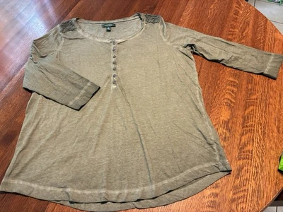 LAUREN RALPH LAUREN Olive Sleeve Crochet Lace Shoulder Top Size Medium EUC  - Image 1 of 4