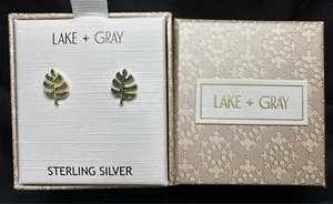 Lake + Gray Green Monstera Leaf Stud Earrings Gold Sterling Silver New - Picture 1 of 3