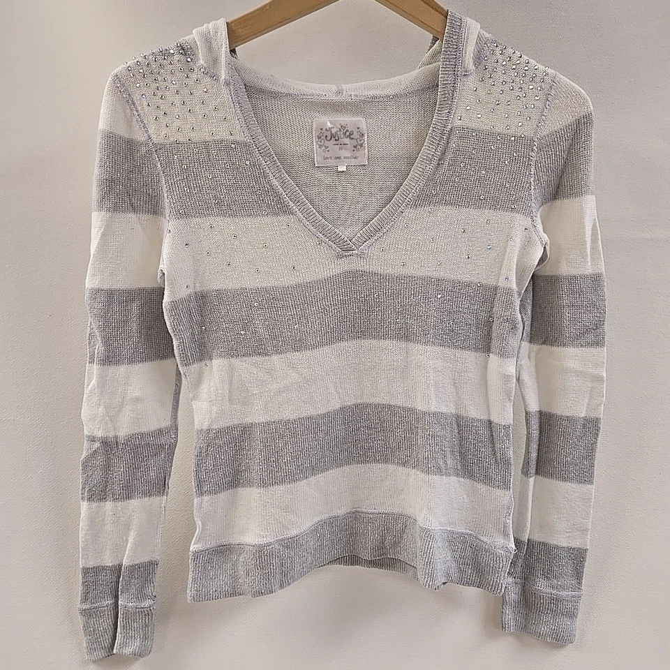Justice Hooded Sweater Gray And White Stripes Long Sleeve Sz. 14 Hoodie Shirt - Image 1 of 4