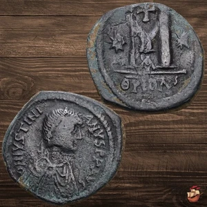 Moneta follis bizantina - Giustiniano I - Antiochia (Sear 217) ΘYPOΛS 31mm @b1819 - Foto 1 di 8
