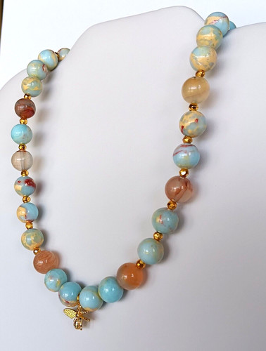 NUOVA COLLANA BLU ACQUA TERRA DIASPRO e pirite oro con ape cristiana DIOR