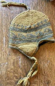 Beanie Knit Hat Cap Ear Flaps Tassel Wool With Fleece Lining Mustard Olive NWOT - Picture 1 of 5