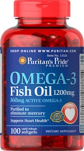 Puritan's Pride Omega-3 Fish Oil 1200 mg (360 mg Active Omega-3) - 100 Softgels - Picture 1 of 4