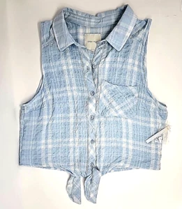 Coastal Cowgirl Ultra Flirt Plaid Collar Sleeveless Button-Up Tie Front Crop Top - Picture 1 of 13