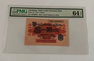 GERMANY 1914 - 2 MARKS -STATE LOAN CURRENCY NOTE- BLUE S/N -PMG 64 UNC EPQ - Picture 1 of 2