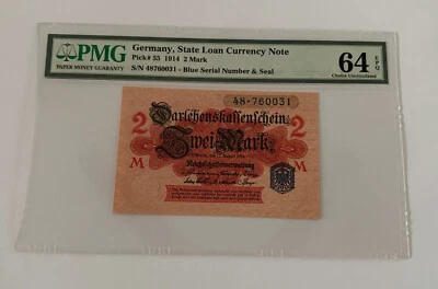 GERMANY 1914 - 2 MARKS -STATE LOAN CURRENCY NOTE-  BLUE S/N -PMG 64 UNC EPQ - Image 1 of 2