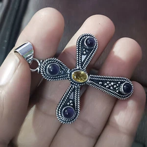 Ciondolo religioso argento sterling 925 croce ametista africana e citrino - Foto 1 di 6