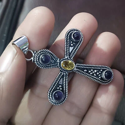 Ciondolo religioso argento sterling 925 croce ametista africana e citrino - Immagine 1 di 4