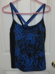 Lands' End Women Tankini Swimsuit Top Blue & Black Criss Cross Straps Back W/16 - Picture 1 of 7
