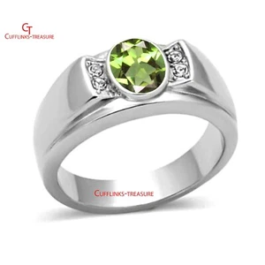 Natural Peridot & CZ Gemstones With 925 Sterling Silver Ring For Men's #C155 - Picture 1 of 4