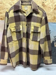 Vintage 50s 60s Distressed Sears Pilgrim Wool Yellow Buffalo Plaid Flannel S - Picture 1 of 16