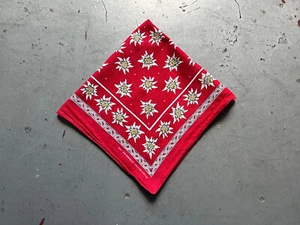 Vintage Swiss German Edelweiss Flowers Floral Red Cotton Bandana Handkerchief - Picture 1 of 4