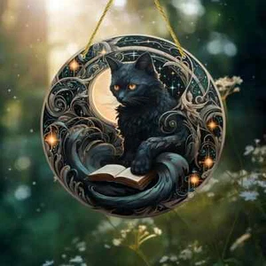 Schwarze Katze mit Buch Sonnenfänger doppelseitig rund Acryl Dekor - Bild 1 von 3