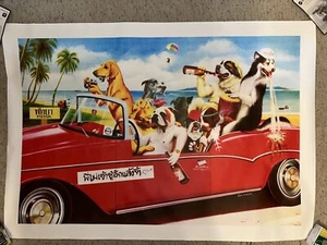 RARE Retro Dogs Drinking and Driving in Pattaya Thailand Canvas Art Print Funny - Picture 1 of 8