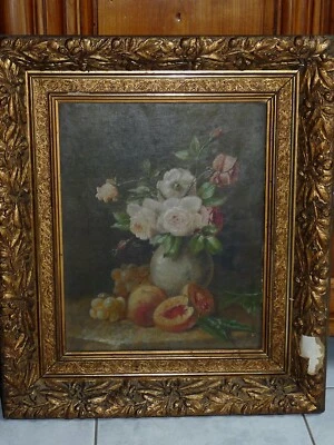 Tableau Peinture huile sur toile bouquet de fleurs Gustav Konrad SÜS 1823-1881 - Photo 1/4