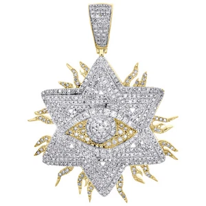 10K Yellow Gold Real Diamond Men's Star of David & Evil Eye Fire Pendant 1.50 CT - Picture 1 of 6