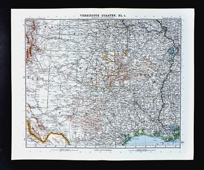 1911 Stieler 地图 美国 德克萨斯州 路易斯安那州 俄克拉荷马州 阿肯色州 休斯顿 奥斯汀 — 第 1/3 张图片