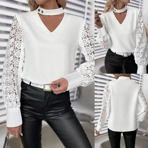 Damen Spitze Bluse Elegant Langarmshirt Herbst Oberteile Party Shirts Hemd Tops - Bild 1 von 18