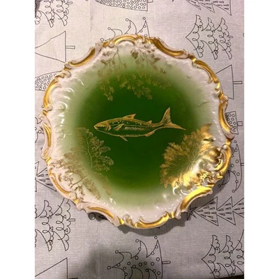 ✨ Антикварная лиможская тарелка с зеленой и золотой рыбкой 9 дюймов Ovington Bros. NY France Star Mark  - Изображение 1 из 3