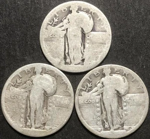 3 pc STANDING LIBERTY SILVER 25 CENT QUARTER COIN LOT DATELESS 1917 - 1930 - Picture 1 of 2