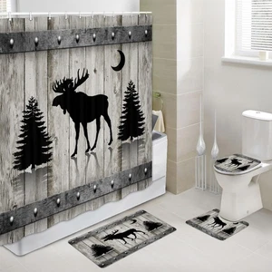 Rustic Wood Board Shower Curtain Set with Rugs, Vintage Farmhouse Animal Elk ... - Picture 1 of 1