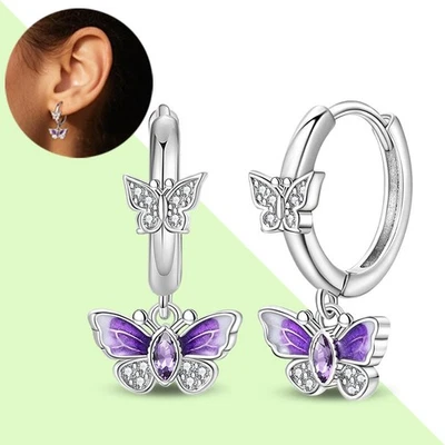PANDACH 925 Sterling Silver Purple Butterfly Earrings For Women Drop Earrings - Image 1 of 4