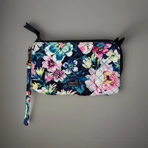 Vera Bradley ikonische RFID Blumen Gobelin Frontreißverschluss Geldbörse Kalbsleder zweimal benutzt - Bild 1 von 4
