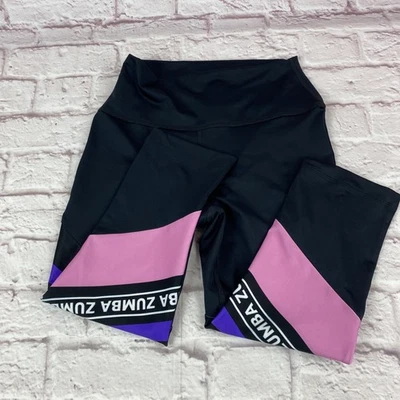 Zumba Wear Leggings Womens Small Black Pink Purple Capri Spicy Logo Tape Dance - Image 1 of 4